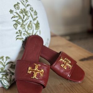 Tory Burch Burgundy Slide Sandals with Gold Emblem
